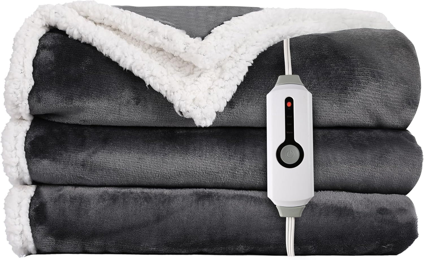 Electric Heated Blanket Throw Size 50"x60", Dual-Sided Soft Flannel & Sherpa, 4 Heat Settings with 3H Timer, Breathable Warm for Bed & Couch, Machine Washable, Dark Grey