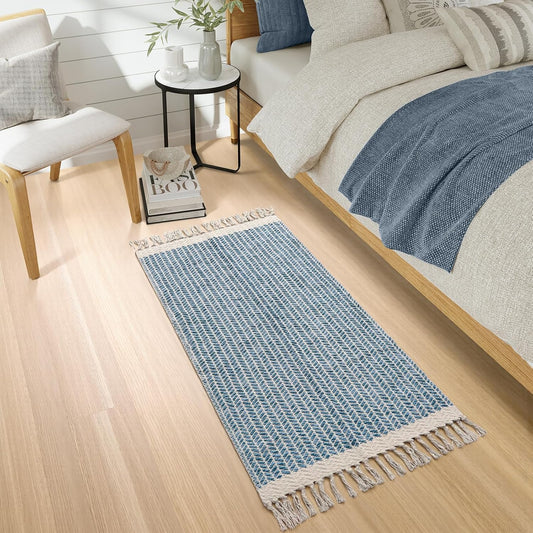 Lahome Belle Boho Laundry Room Rug Runner, 2x4.3 Bathroom Runner Rug Lightweight Kitchen Rugs Woven Cotton Throw Mat with Tassels, Farmhouse Washable Blue Rugs Low Pile for Bedroom Door Mat