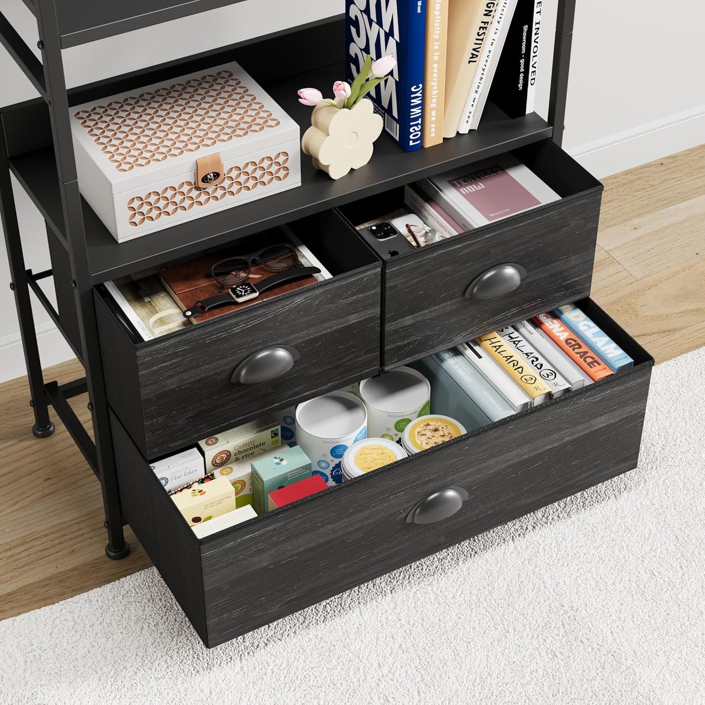 6 Tier Bookshelf, 47-Inch Small Bookcase with 3 Fabric Storage Drawers, Wood and Metal Book Shelf Storage Organizer, Industrial Display Standing Shelf Unit for Bedroom, Living Room, Black