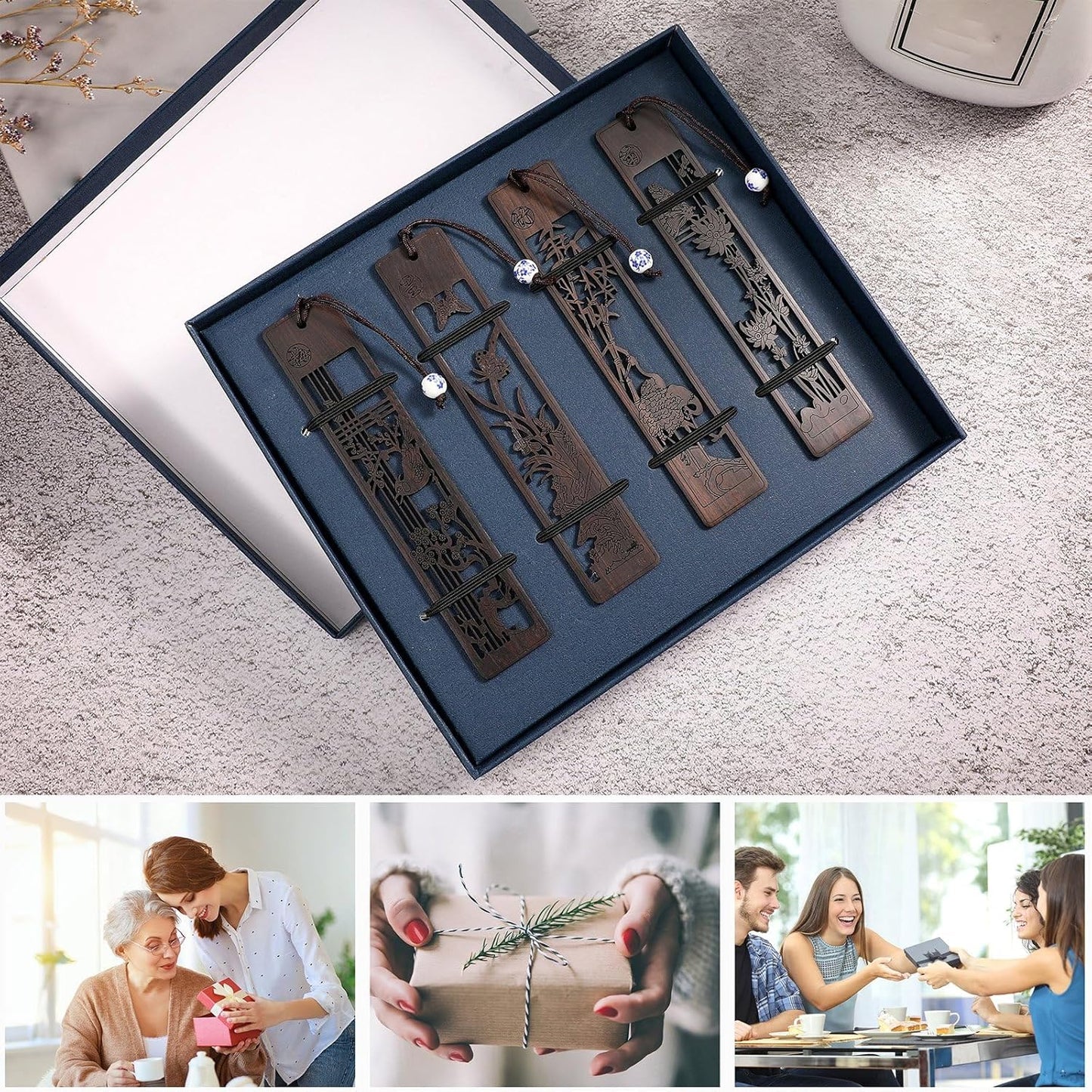 Outus 4 Pieces Wooden Bookmarks for Men Women Employee Appreciation Gifts Valentine's Day Gifts for Men Vintage Handmade Bookmarks Natural Wood Carving for Book Lovers Birthday(Hollow Style)