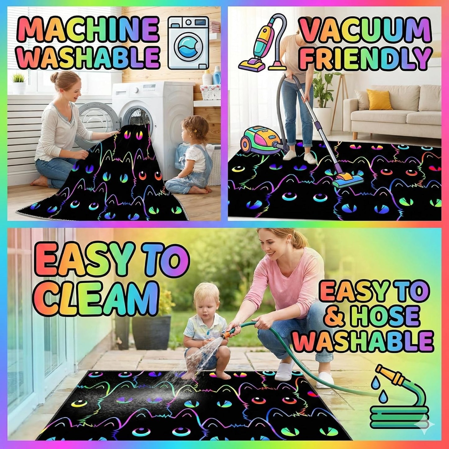 Black Cat Rug 2.5x4 Feet, Cute Cat Area Rug for Kids Room, Non Slip Cartoon Animal Carpet for Boys Girls Bedroom, Playroom, Nursery Home Decor