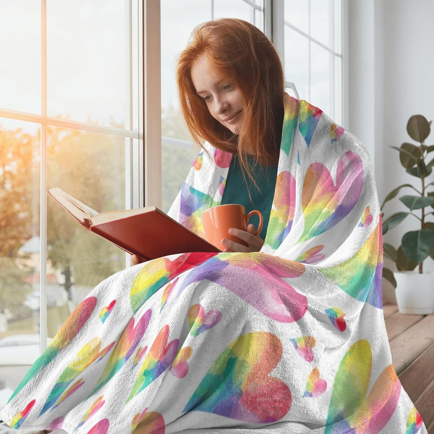 Love Heart Throw Blanket for Couple - Colorful Rainbow Heart Pattern Soft Flannel Fleece 40x50 Inches
