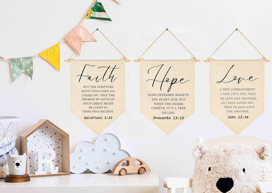 Faith Hope Love-Christian Wall Art-Flower-Scripture Art-Flag Decor Gift for Baby Boys Girls Newborn Kids-Banner Pennant Wall Sign Gifts for Nursery Baby Room Playroom Bedroom -Set of 3