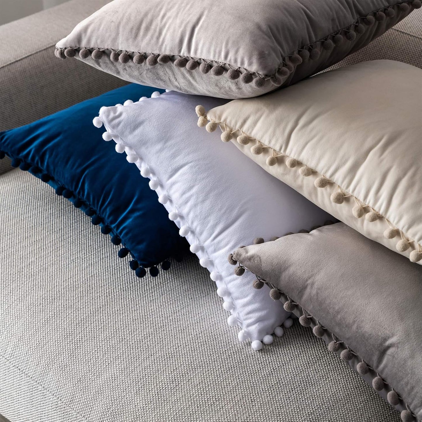Grey Throw Pillow Covers 12 X 20 Decorative Pom-poms Soft Velvet Solid Lumbar Cushion Covers for Sofa Couch Bedroom Car, Pack of 2