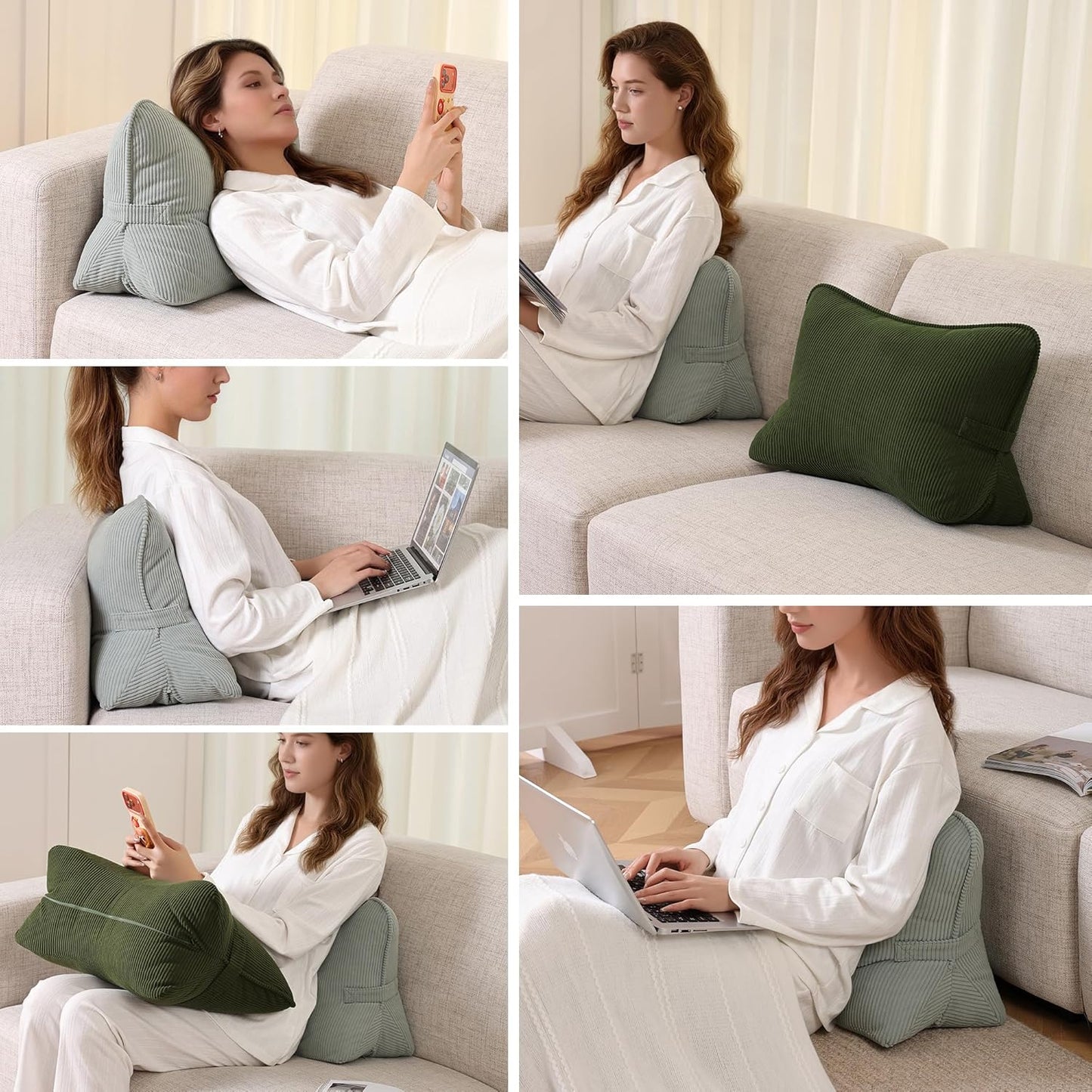 Corduroy Lumbar Support Back Pillow for Sitting Up & Reading, Ergonomic Triangle Back Support Cushion for Sofa, Armchair & Bed, Removable Washable Cover, Grey Green