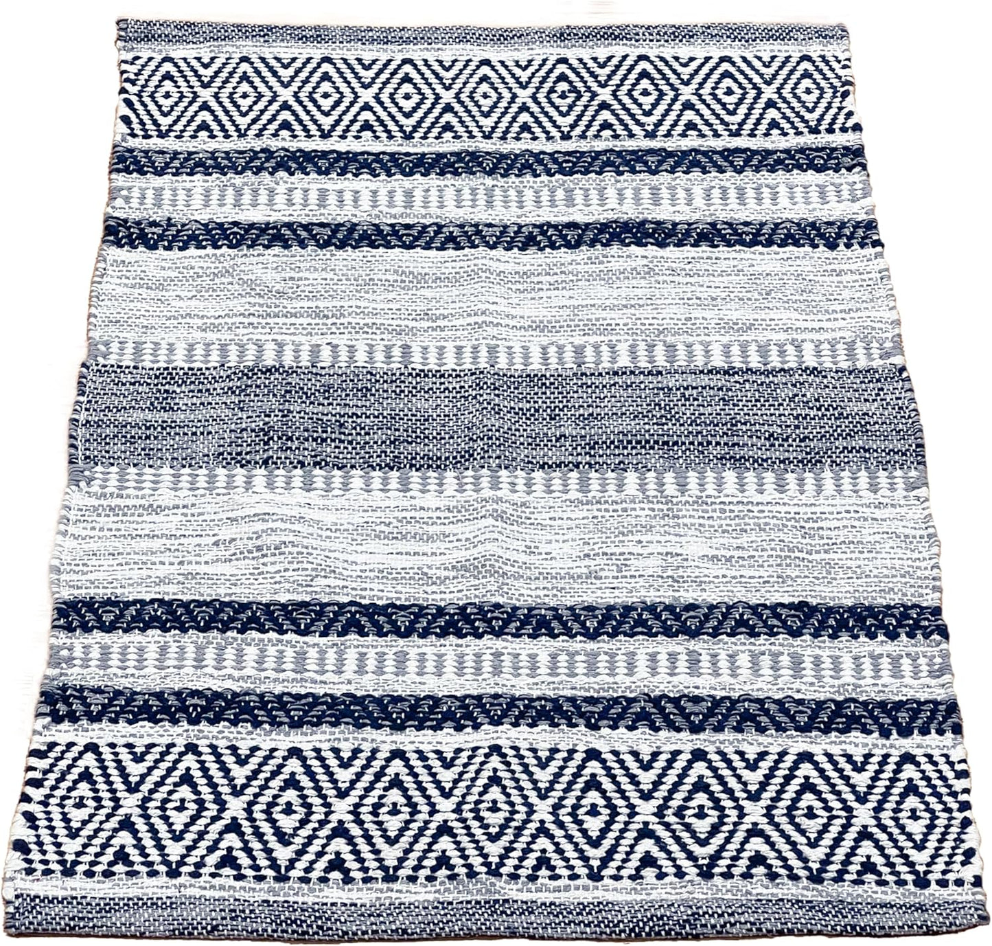 Chardin home Farmhouse Rug 24''x36'' Grey-Navy | Recycled Cotton Hand Woven Rug, Long Boho Rug | Perfect for Hallways, Kitchens, Bathroom, bedrooms, Meditation Yoga Mat | Machine Wash