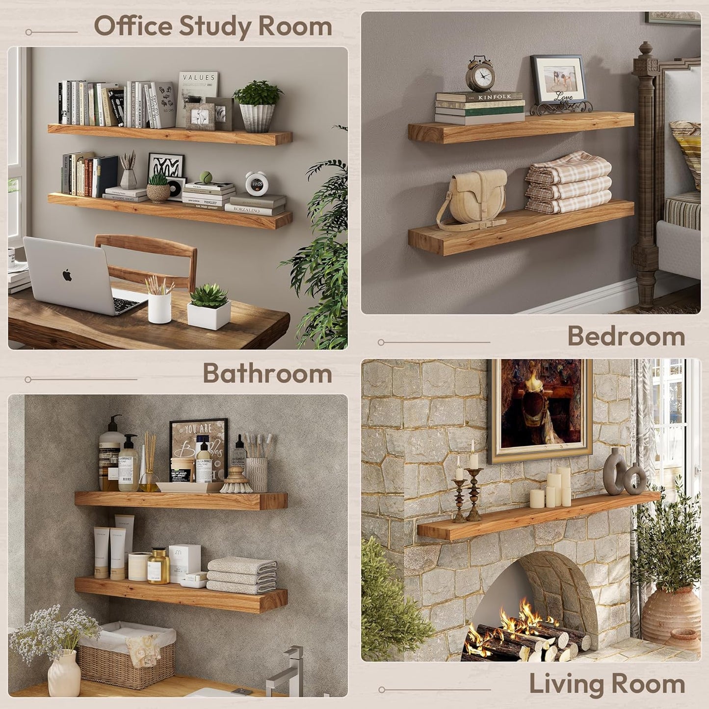 Marsmiles 24 inch Floating Shelves for Wall Solid Elm Wood Shelves|Rustic Wall Shelves with Invisible Heavy-Duty Bracket for Bathroom Living Room Kitchen|Natural, 2 Pack