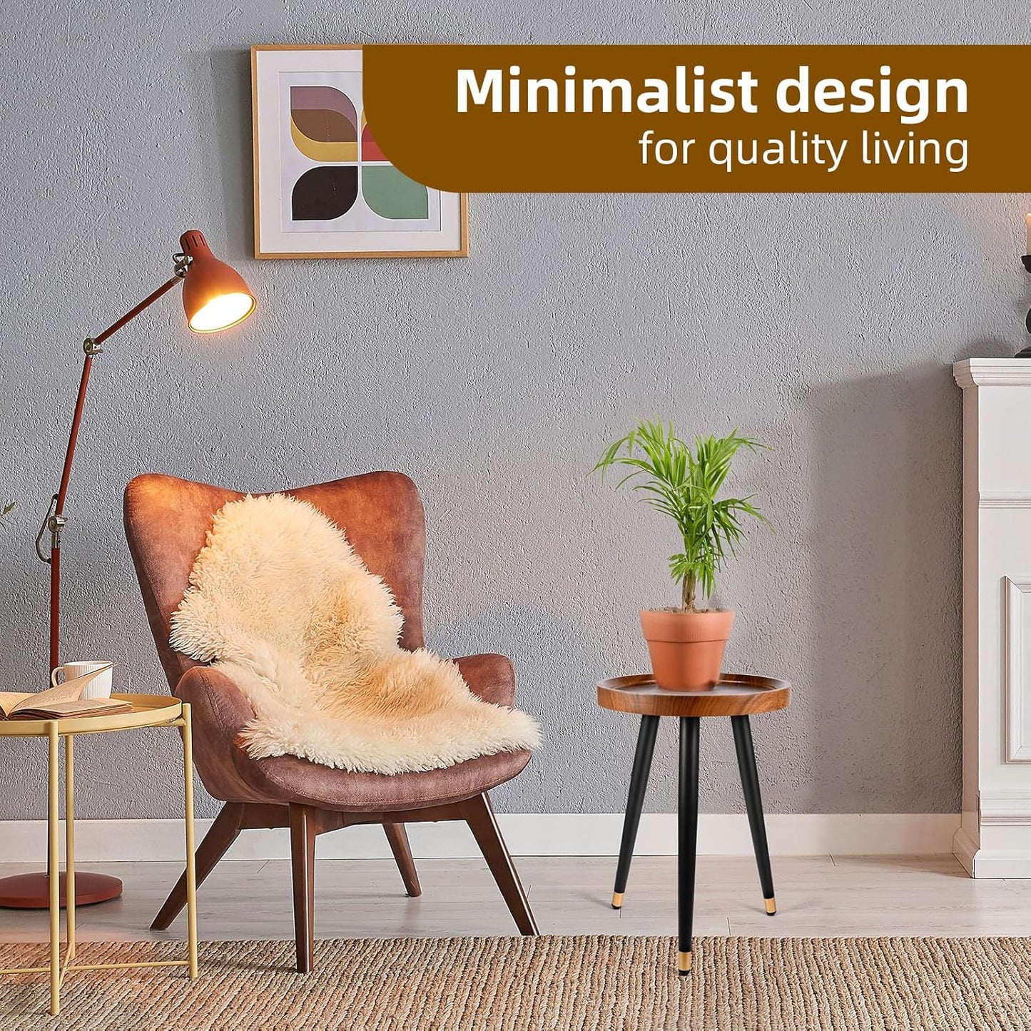 Plant Stand Indoor,Mid Century Walnut Wood Plant Table, Heavy Duty Metal Tall Flower Pot Stand,Modern Round Small Side End Table With Raised Design(12"x17")
