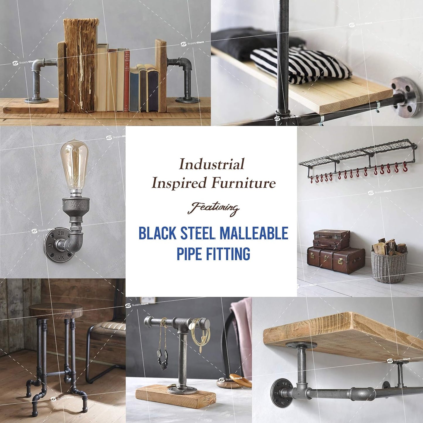 Supply Giant 1/2 Inch Black Pipe Assortment, Heavy-Duty Malleable Threaded Nipples, Steel Pipe Fittings Great For DIY Vintage Shelving Projects (Includes 6 of Each Size, 1-6 Inches 66 Pieces in Total)