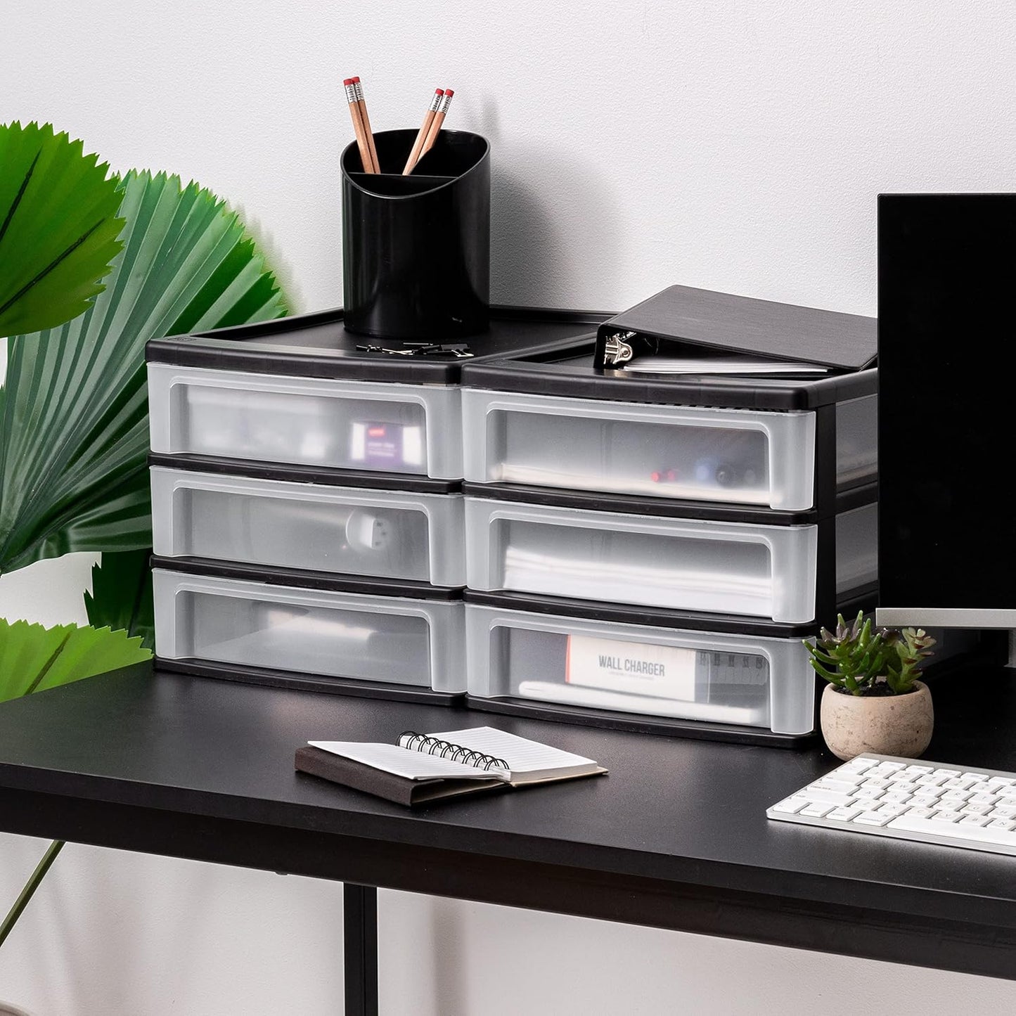 IRIS USA Plastic Stacking Desk Top 3-Drawer Storage Organizer, 2-Pack, for Makeup Vanity Nail Polish Bathroom Stationery Art Craft Supplies Kitchen Office Garage and Small Organization, Medium, Black
