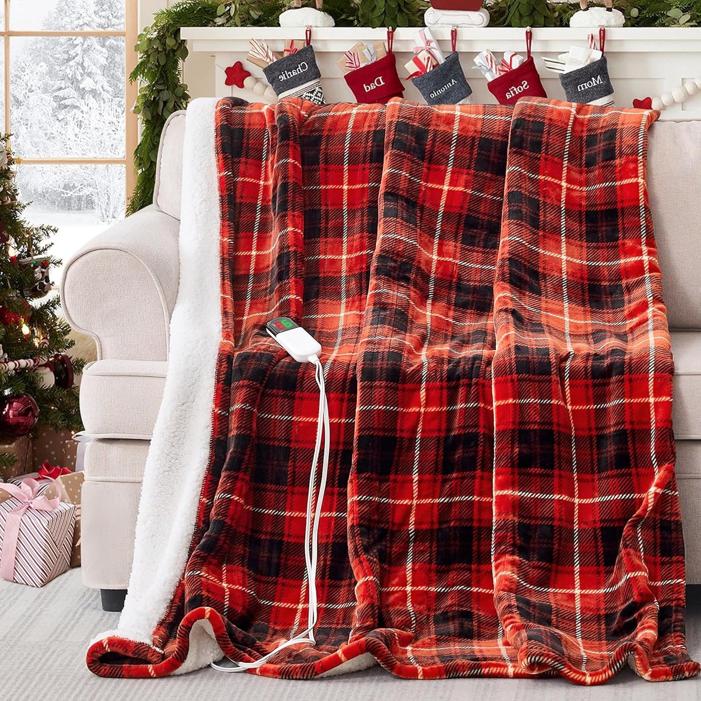 Red Christmas Electric Heated Blanket 50"x60", Fast Heated Throw with 8 Hours Auto Off/8 Heats Levels, Soft Plaid Sherpa with ETL Certification, Gifts for Adults Keep Warm in Home Office