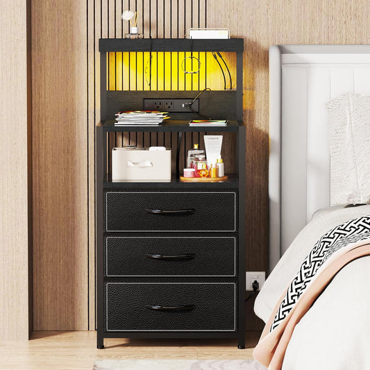 Night Stand Set 2 with LED Lights, Bedroom Nightstands with Power Outlet and Type C Port, Bed End Tables with 3 Fabric Drawers, Matching Bedside Tables with Hooks and Shelves, Black