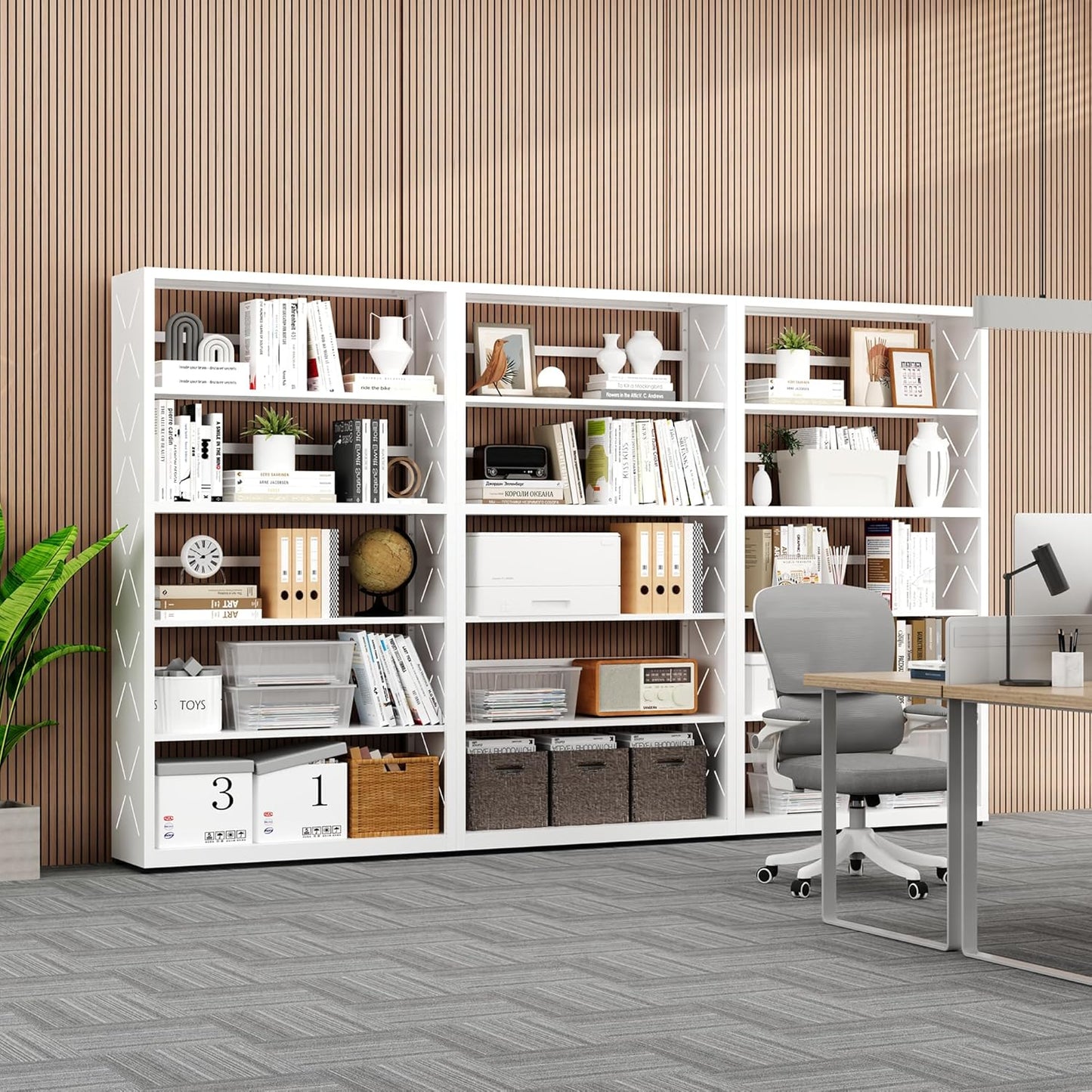 5 Tier Bookcase,Industrial Bookshelf,55" White Metal Tall Bookshelf with Adjustable Feet and Adjustable Shelves,Home Office Bookcase Shelf Storage Organizer for Living Room、Kitchen