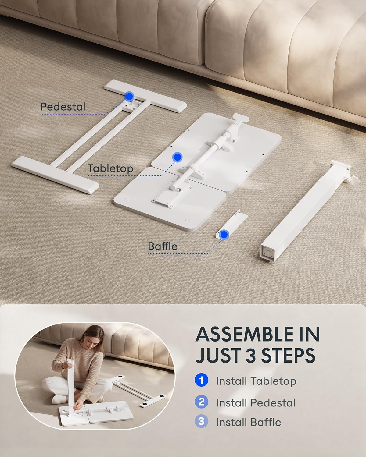 FLEXISPOT Adjustable Height C-Shaped End Table with Split Tilting Top – Mobile Side Table for Sofa & Bedside, Slides Under Furniture, Hidden Wheels for Small Spaces(31.6" W x 15.7" D,White)
