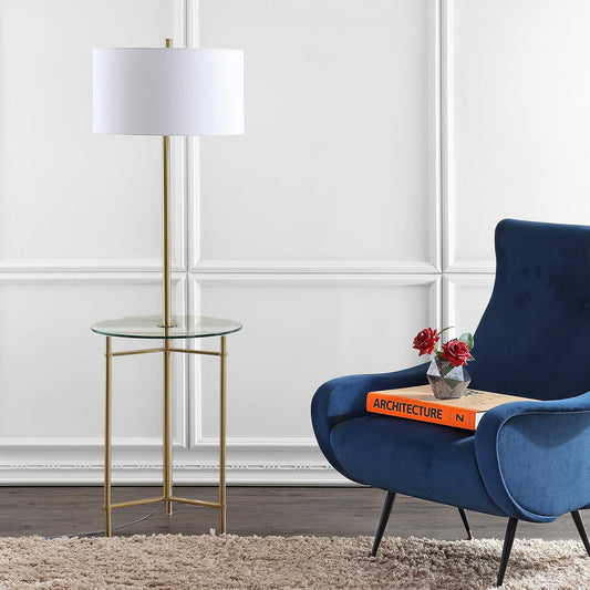 JONATHAN Y 59" Brass Gold Metal and Glass Side Table LED Floor Lamp, Modern Transitional Iron Standing Lamp with White Linen Drum Shade, UL Listed, LED Bulb Included JYL3059A