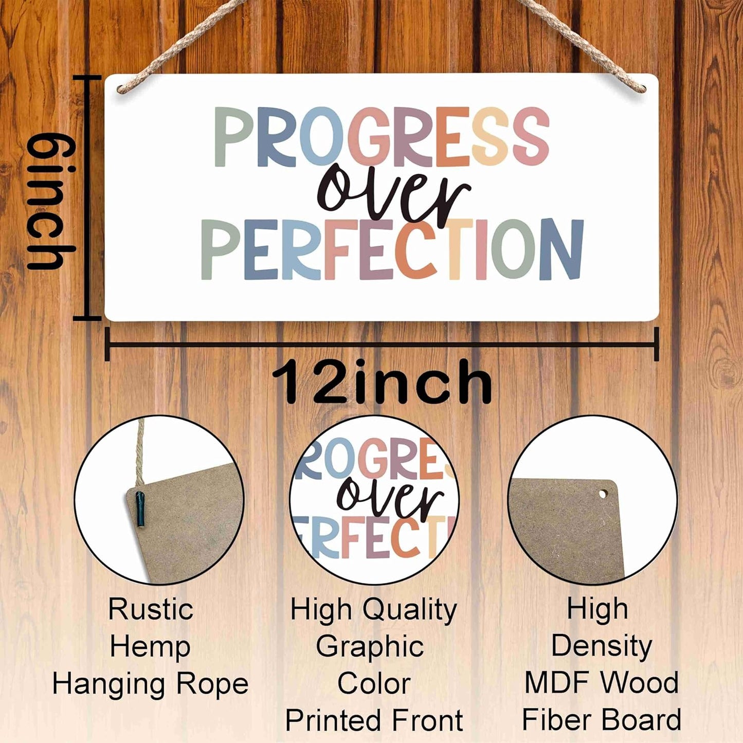 FUGWN Inspirational Progress Over Perfection Hanging Wooden Signs 12x6, Motivational Mental Health Wall Decor for Classroom Kids Room Playroom, Mental Health Home Decor Gifts for Kids Boys Girls