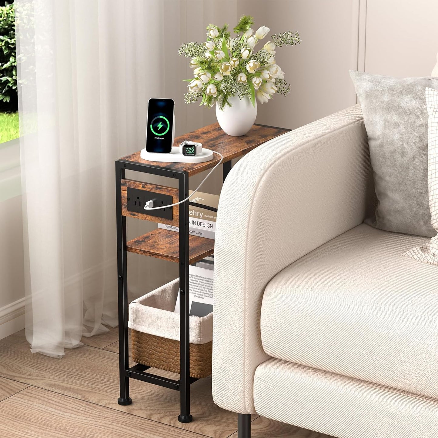 Small Narrow Side Table with Charging Station, Skinny End Table for Small Spaces, Slim Nightstand with Outlets, Sofa Bedside Table in Living Room, Bedroom, Study, Kitchen and Balcony (Rustic Brown)