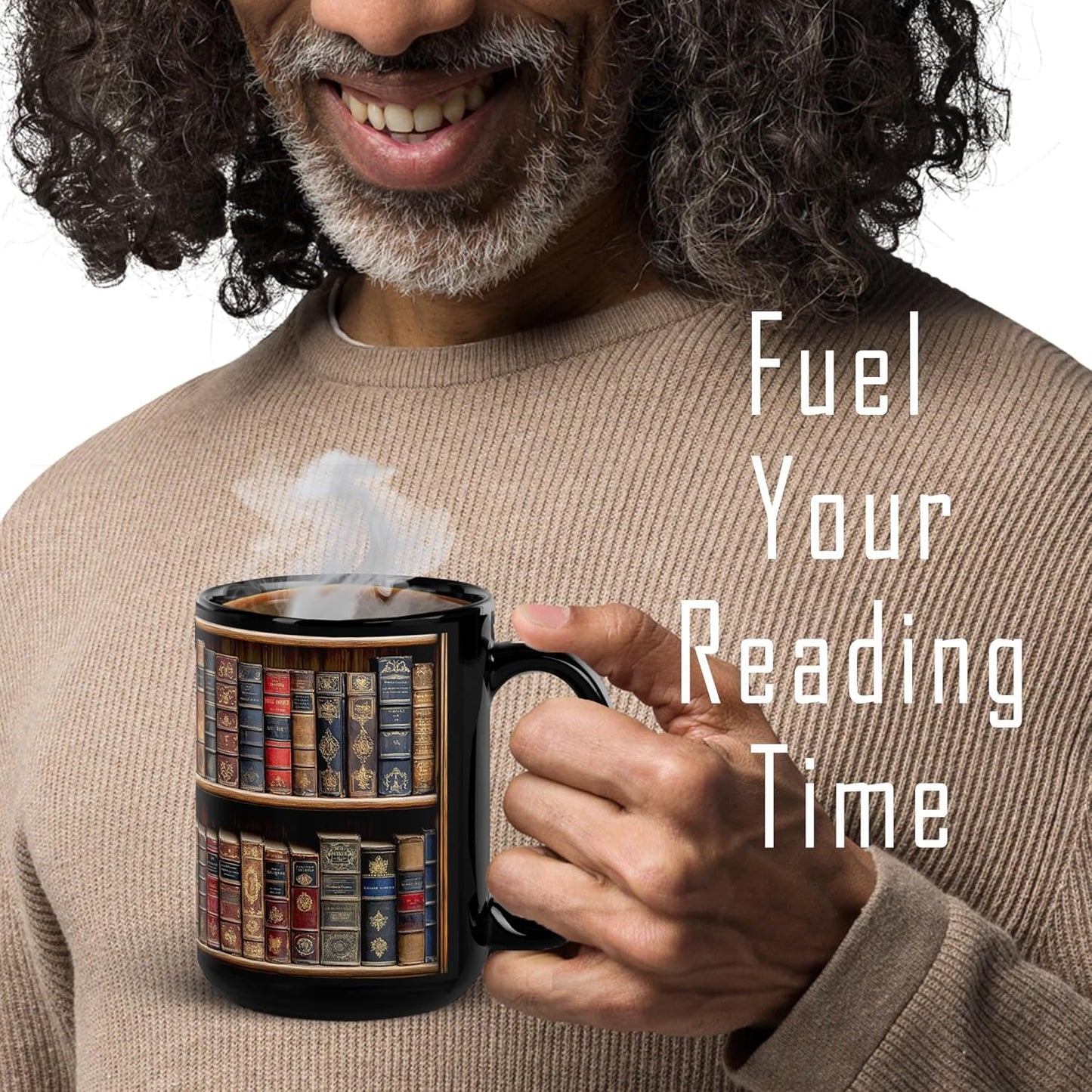 Book Mugs For Book Lovers: 15oz Capacaty, Made of Glossy Black Ceramic Perfect Reader Gifts, Bookshelf Design (Black, 15 oz B)