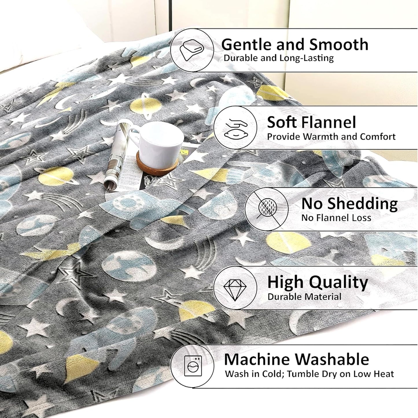 Glow in The Dark Space Blanket Glowing Rocket Spaceship Moon and Stars Throw Blankets Luminous Gifts for Kids Toddler Boys Girls Twin Size (Glow Space, 60"x 80")