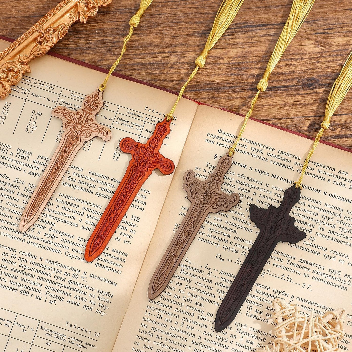 4 Pieces Sword Bookmarks with Tassel, Vintage Bookmarks for Reading, Personalized Wooden Bookmark, Unique Pattern Bookmark Engraved, Birthday Gift for Men, Women, Girls, Boys