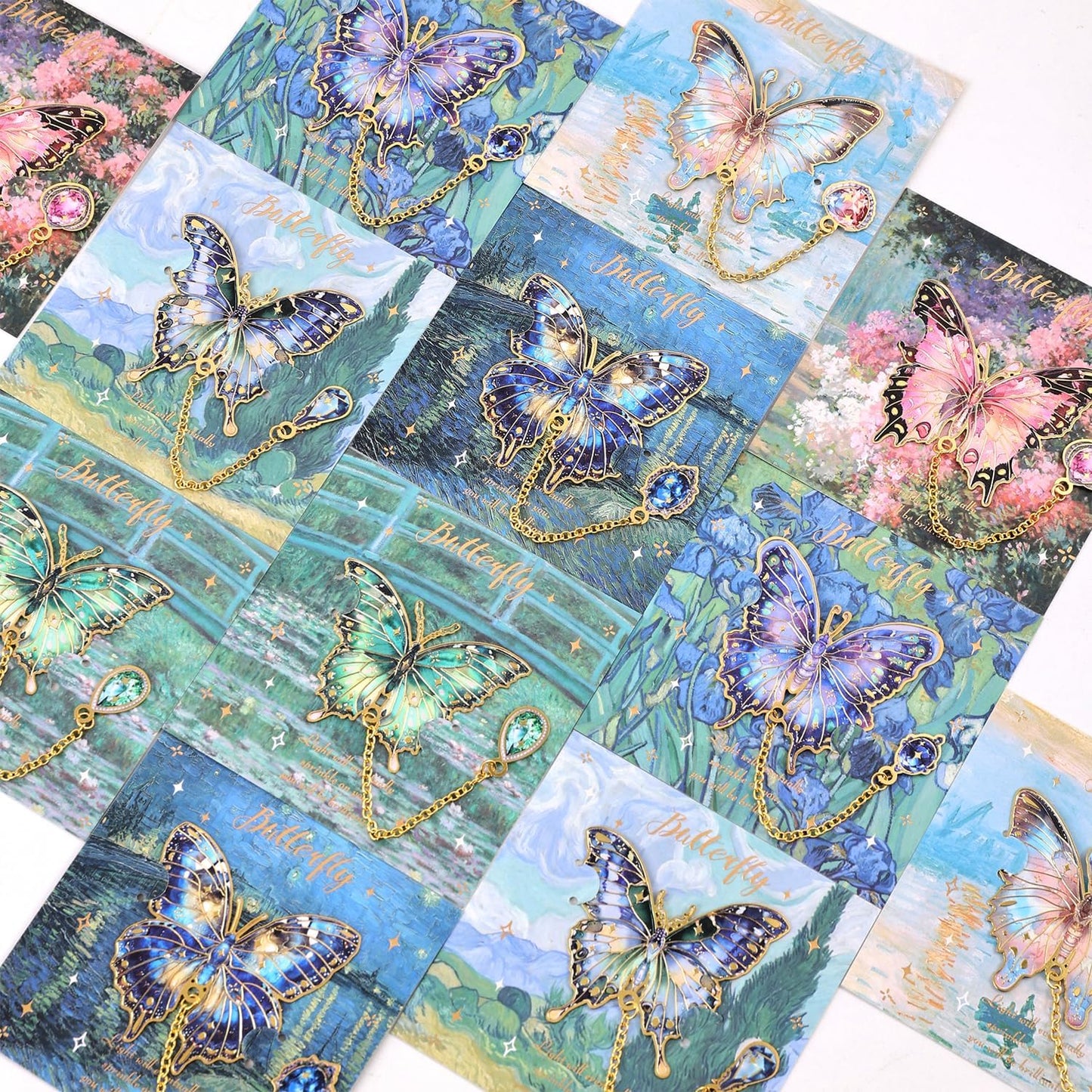 6 Pieces Metal Butterfly Bookmarks with Chain, Golden Hollow Bookmark Monet Oil Painting Theme Book Mark Bookmarks for Book Lovers Women Writers Readers Children Teens