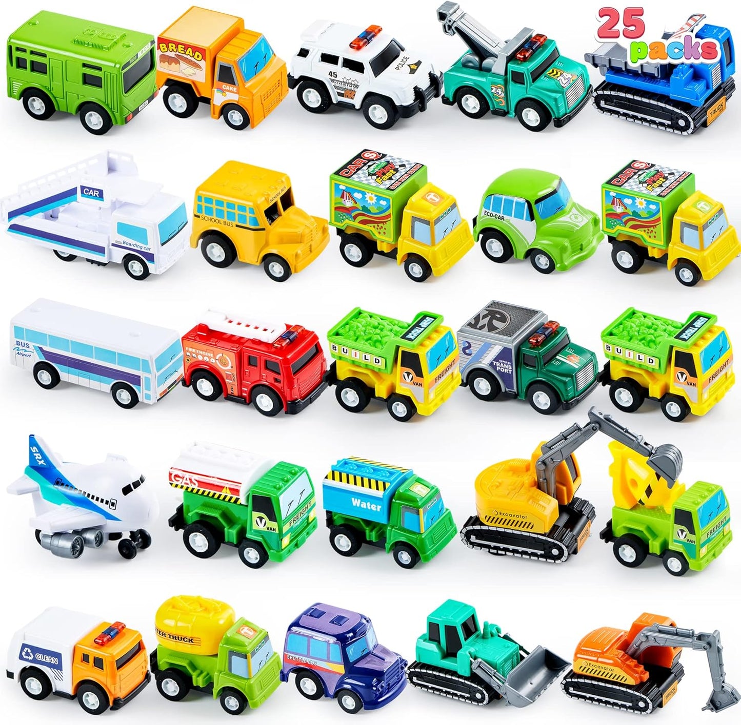 JOYIN 25 Pieces Pull Back Cars and Trucks Toy Vehicles Set for Toddlers, Girls and Boys Kids Play Set, Party Favors, School Gifts, Goodie Bags Stuffers for Kids, Easter Basket