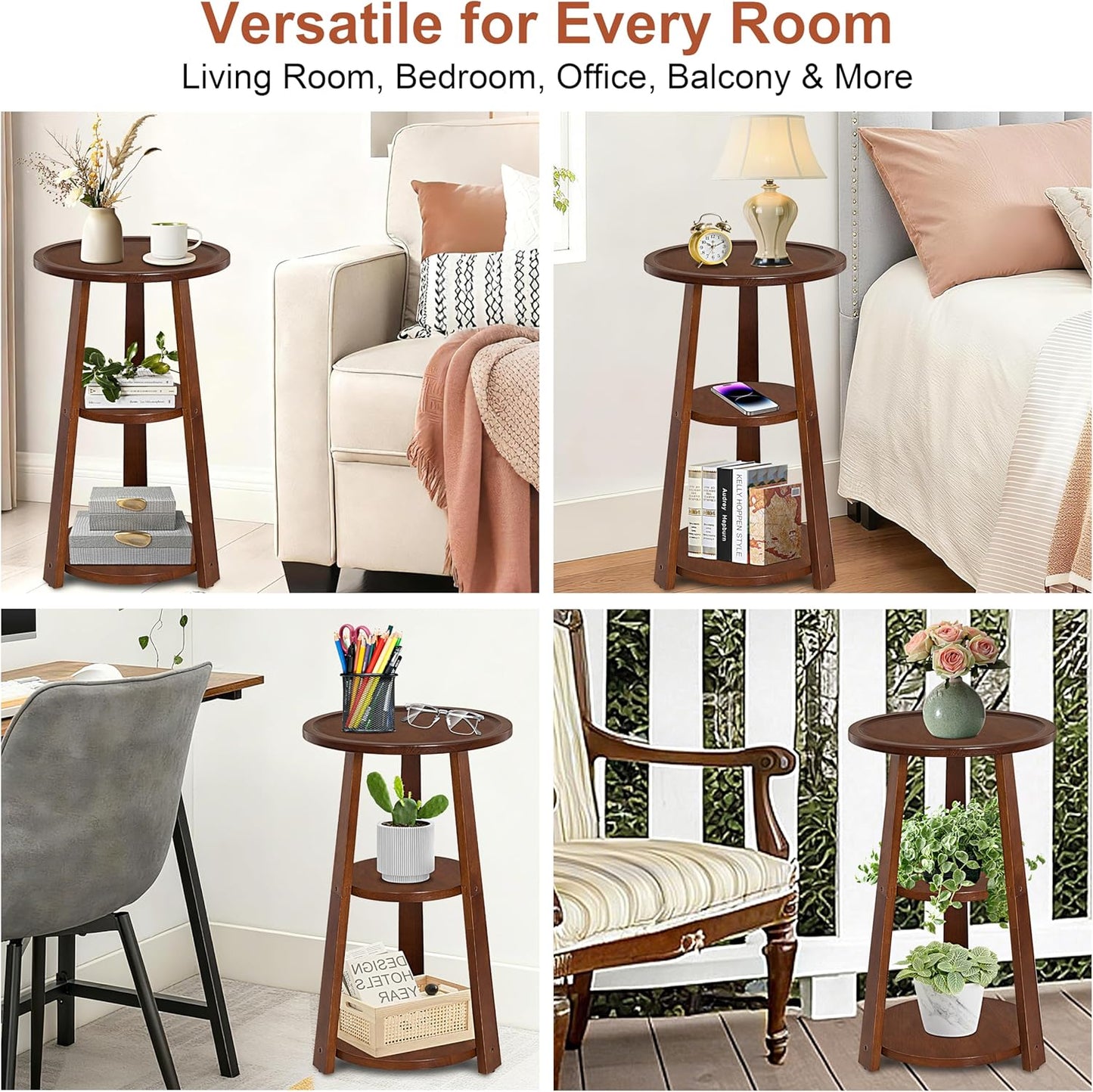 3-Tier Round Side Table, Solid Wood End Table & Nightstand for Small Spaces, Compact Accent Table for Living Room, Bedroom, Office (Red Brown Finish)