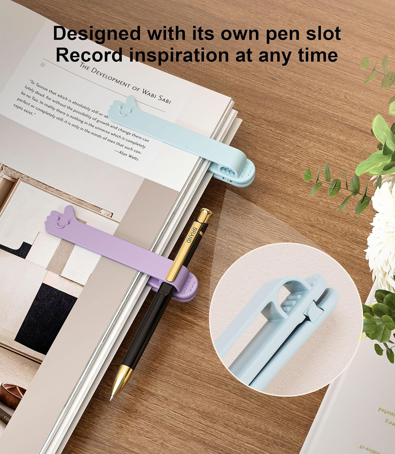 Nearockle 4Pcs Automatic Bookmark, Upgraded Silicone Book Marks with Pen Holder Slot for Women, Men, Kids, Book Lovers, Reading Accessories Bookish Gifts for Teacher, Student