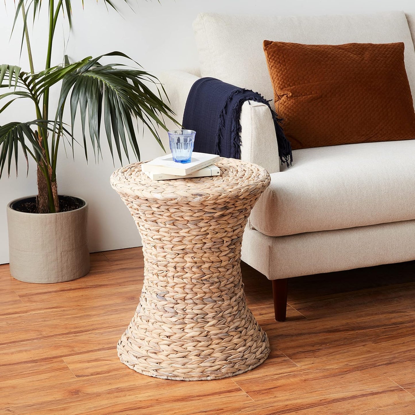 Household Essentials Handwoven Water Hyacinth Wicker Stool with Hourglass Shape, White Wash Finish