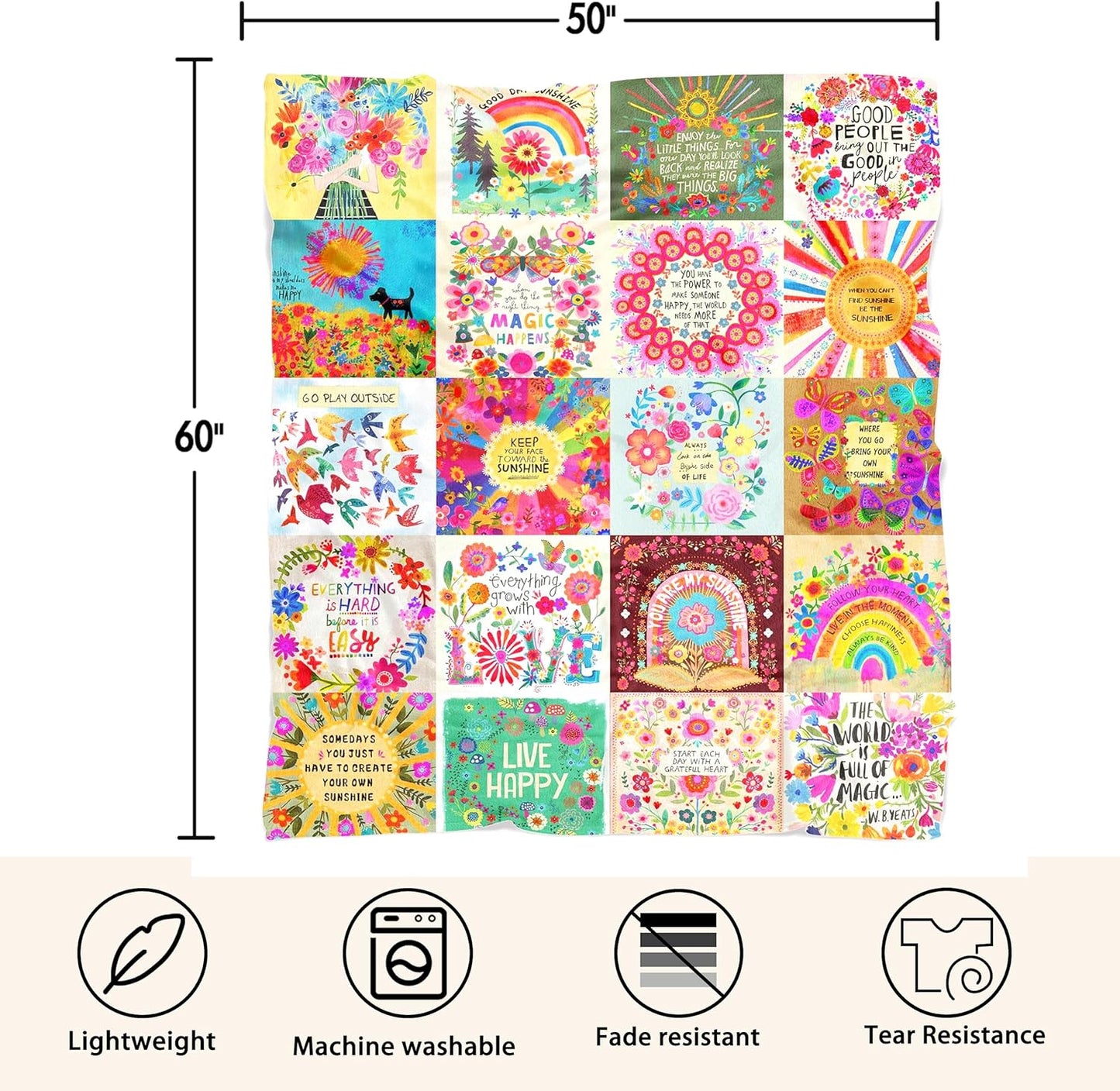 Boho Floral Throw Blanket Natural Life Patchwork Blankets, Natural Life Gifts for Women with Inspirational Thoughts, Soft Warm and Cozy Flannel for Sofa Bed Couch Travel 50"x60"