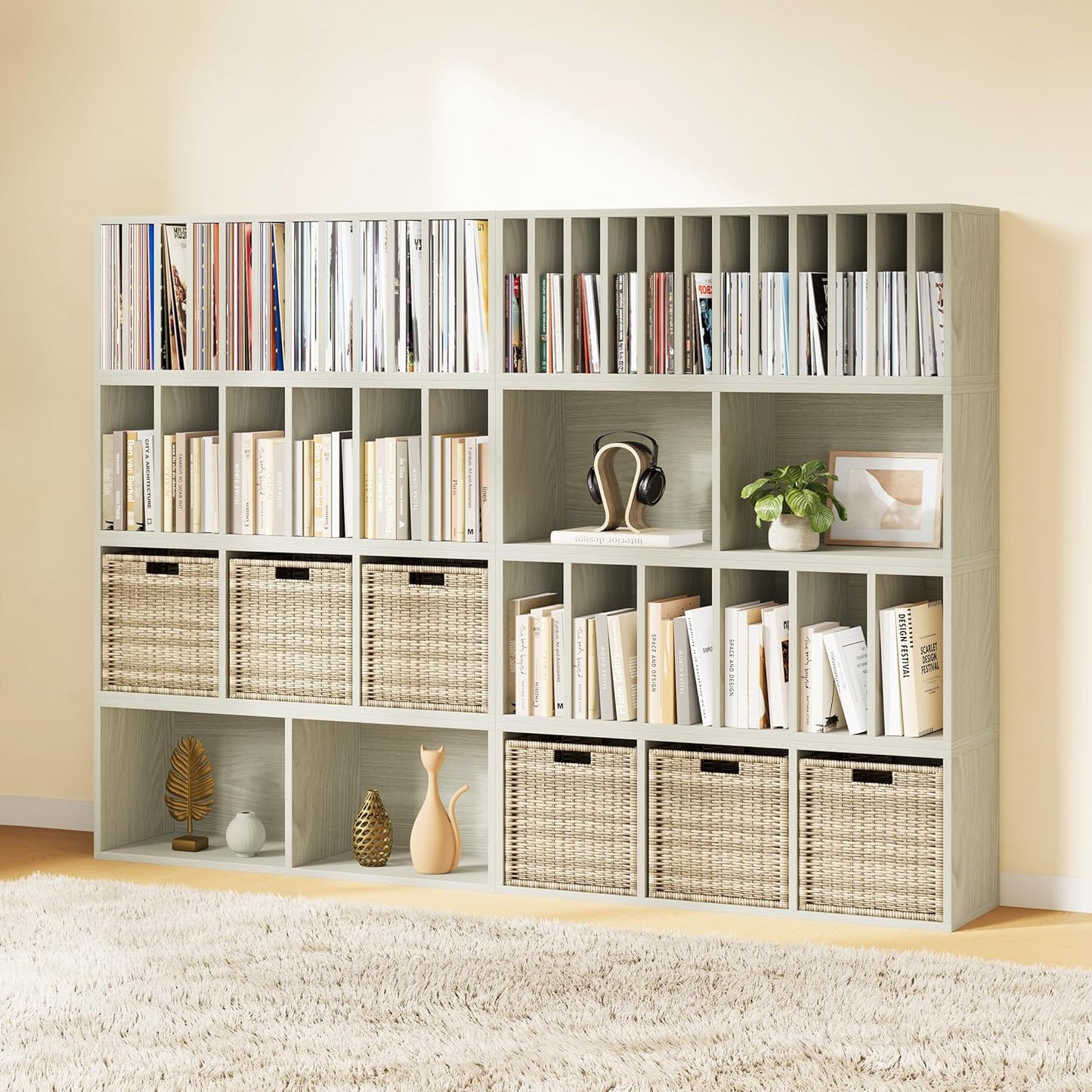 IOTXY DIY Modular Cube Bookcase - CubeXY Customizable Stackable Expandable Combination Set, 23-Cube Open Bookshelf for Books, Fabric Storage Bin, and 7/10-inch Vinyl Record Organizer, Oak