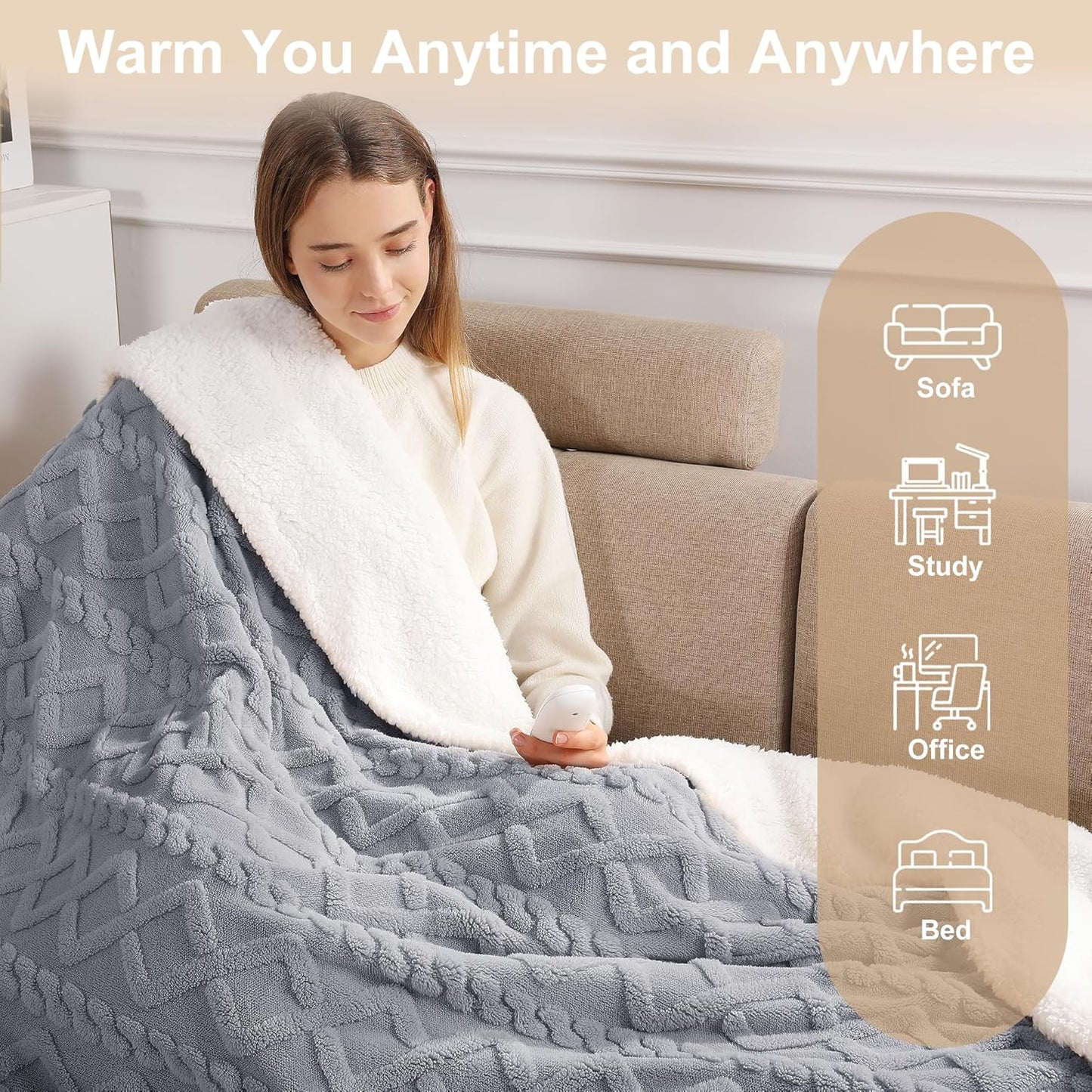 Heated Throw Blanket 50"x60" with 5 Heating Levels & 4 Hours Auto Off, Soft & Plush Sherpa Electric Blanket Throw with ETL & FCC Certification for Home Use, Machine Washable, Great Gift, Grey