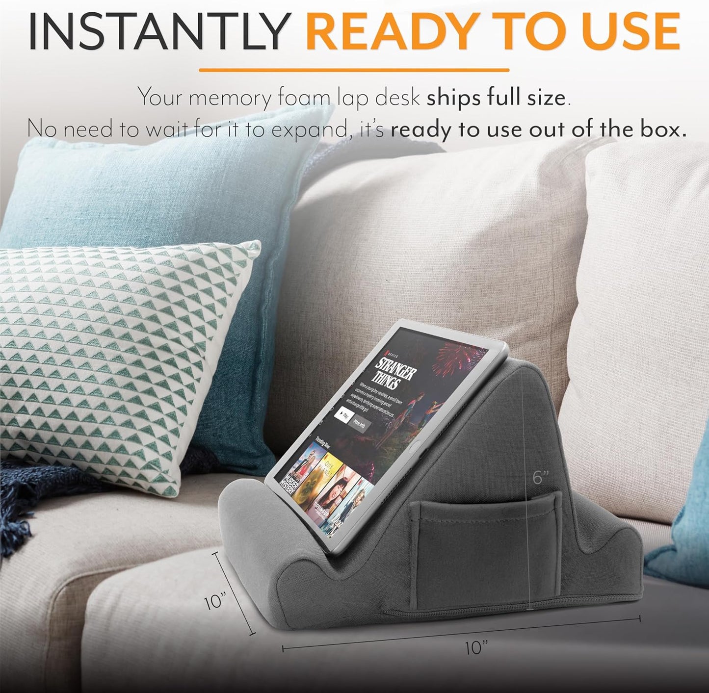 Brookstone Tablet Lap Cushion - Tablet and Phone Holder for Bed, Flights, and Travel, Two Angled Memory Foam Lap Desk for Reading and Hands Free Viewing, Compatible iPad and Kindle Accessories, Grey