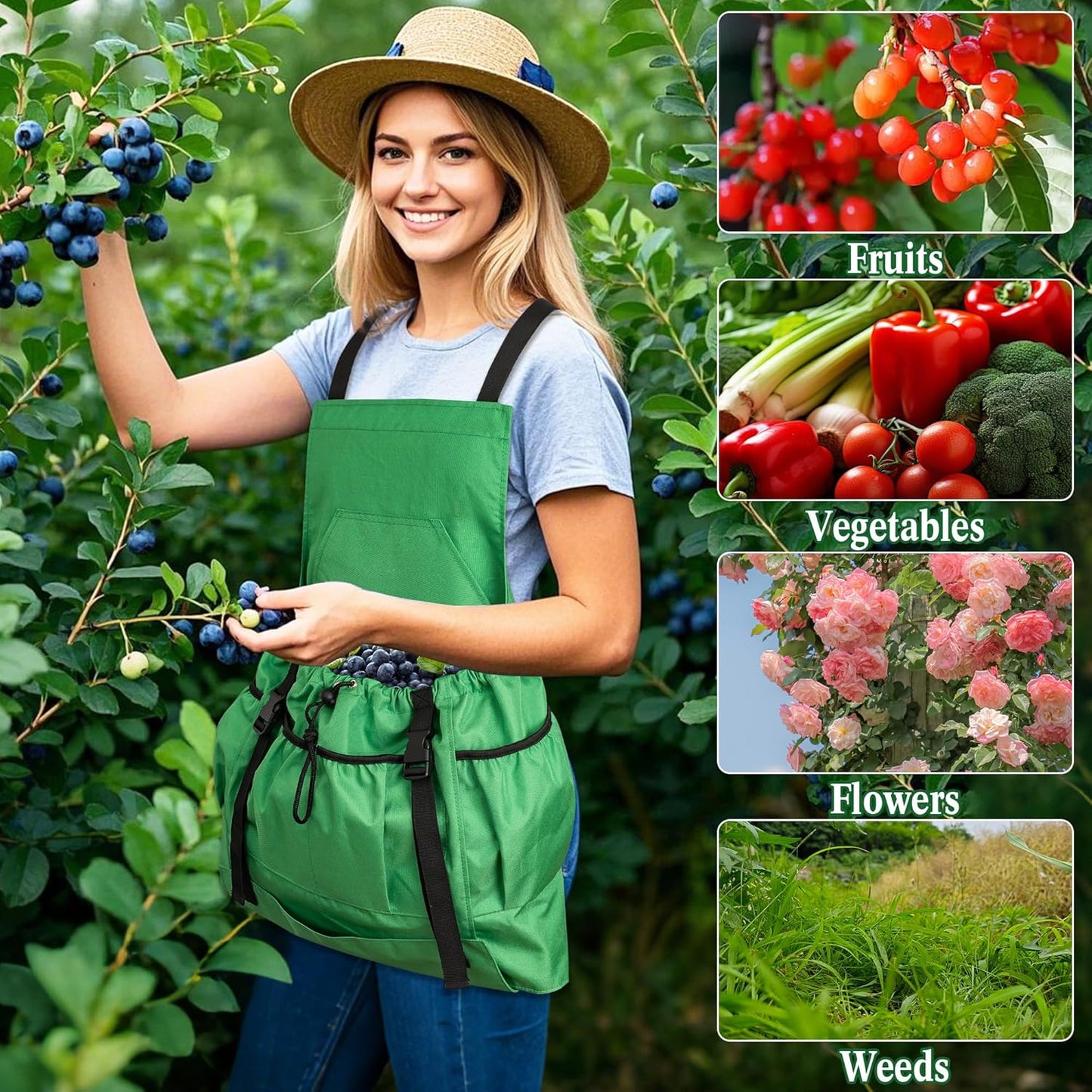 Gardening Apron for Women & Men, Garden Aprons with Pockets and Interal Drawstring Bag, Waterproof Adjustable Cross Back Harvest Apron for Fruit Picking Storage Weeding Garden Gift