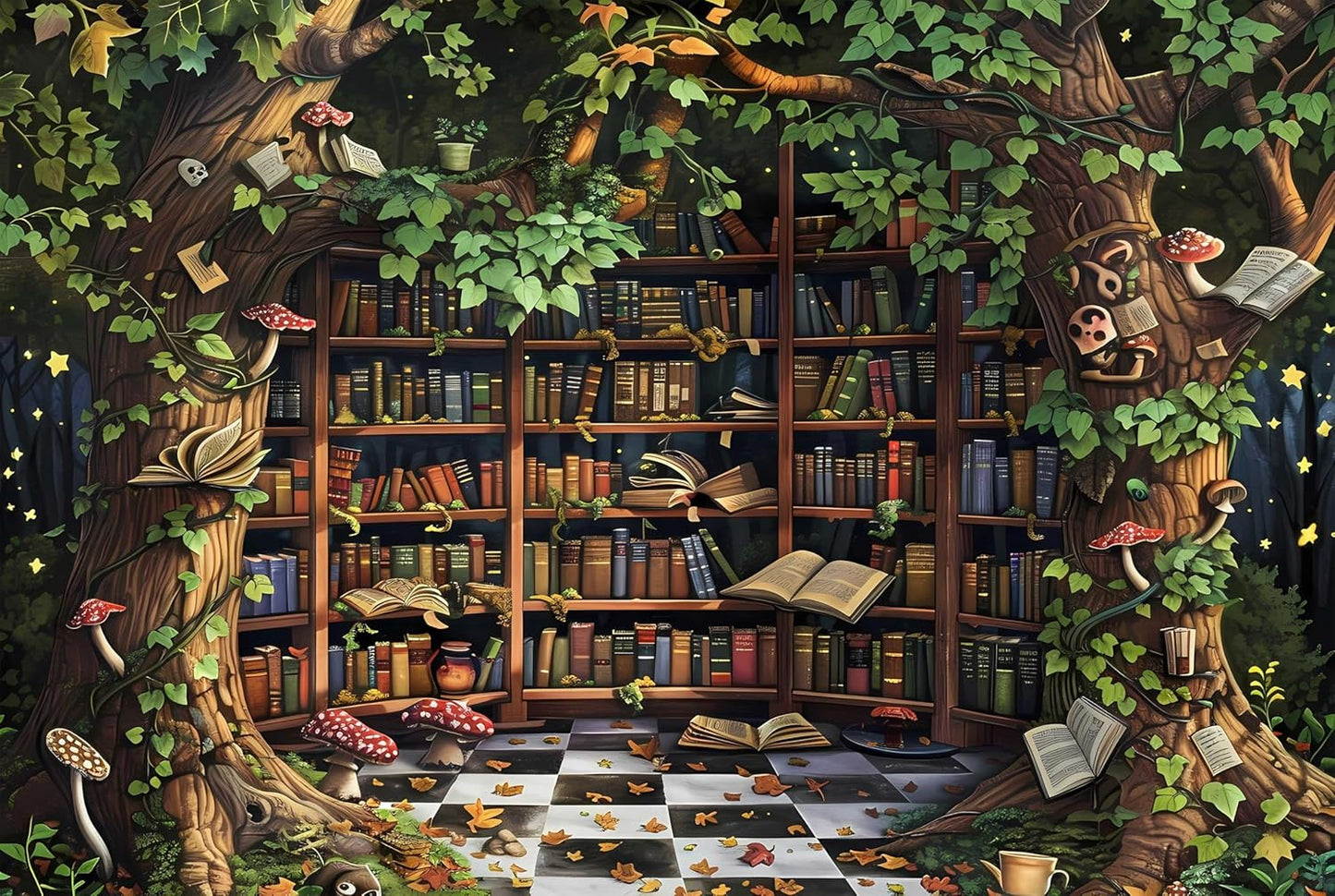 SHRAPHY Vintage Bookshelf Tapestry Dreamy Fairy Tale Wonderland Plants Forest Trees Tapestry Wall Hanging Vintage Medieval Library Books Tapestries for Bedroom 60x40 inches GTSXYUH006