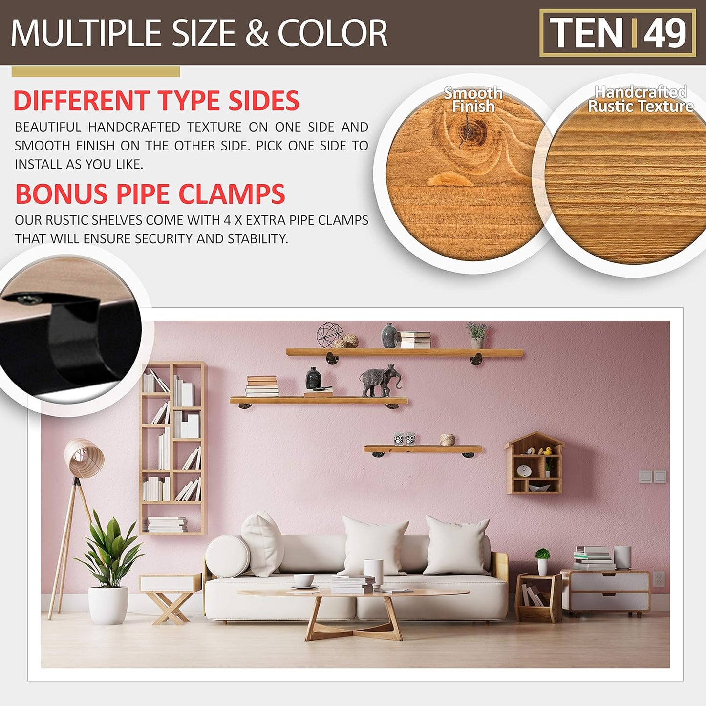 TEN49 Real Wood Rustic Floating Shelves Wall - 24 Wide Small Wooden Industrial Pipe Shelving - Farmhouse Pipe Wall Shelves Furniture Bathroom Decor Art Shelf Kitchen - Light Walnut Color - Set of 2