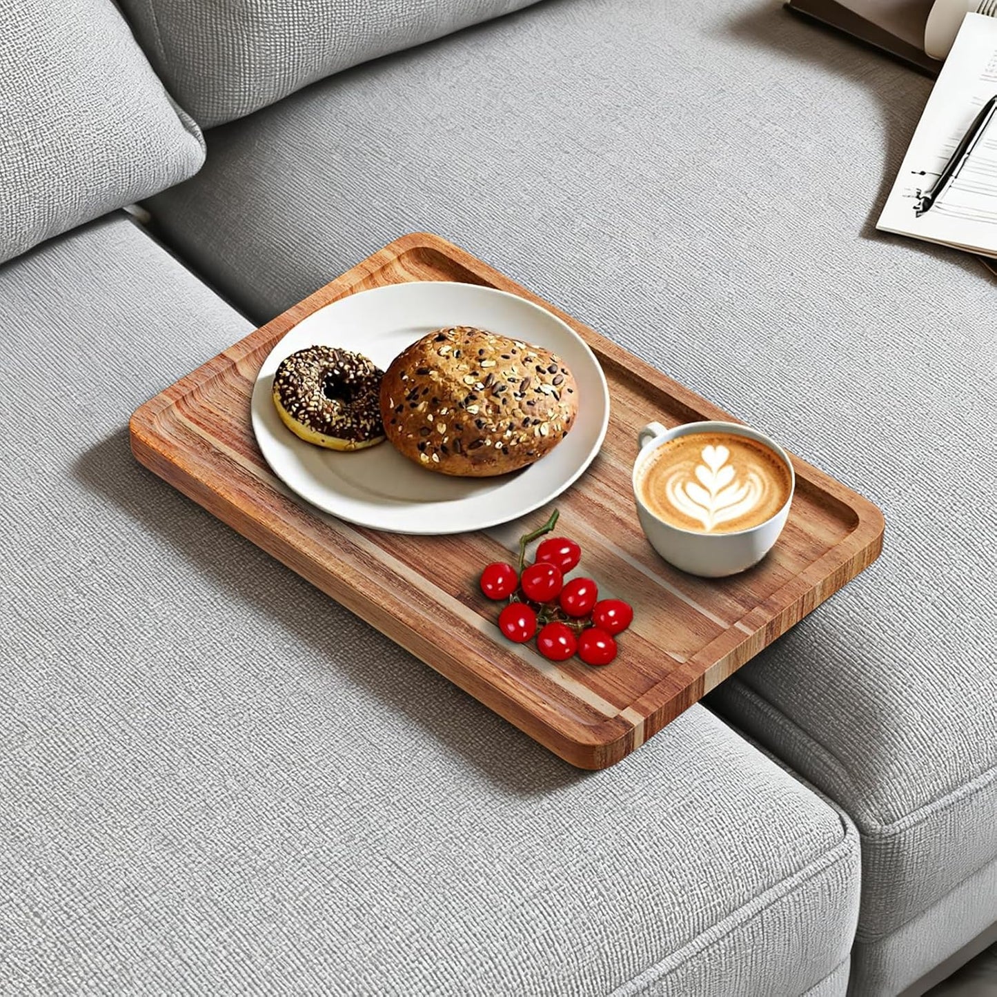 Acacia Wood Couch Tray, Folding sofa Table Insert for Middle Portable Couch Armrest Trays Perfect for Drinks, Snacks, Phone, Remote Control,14.96x10.23-inch (Rectangle)
