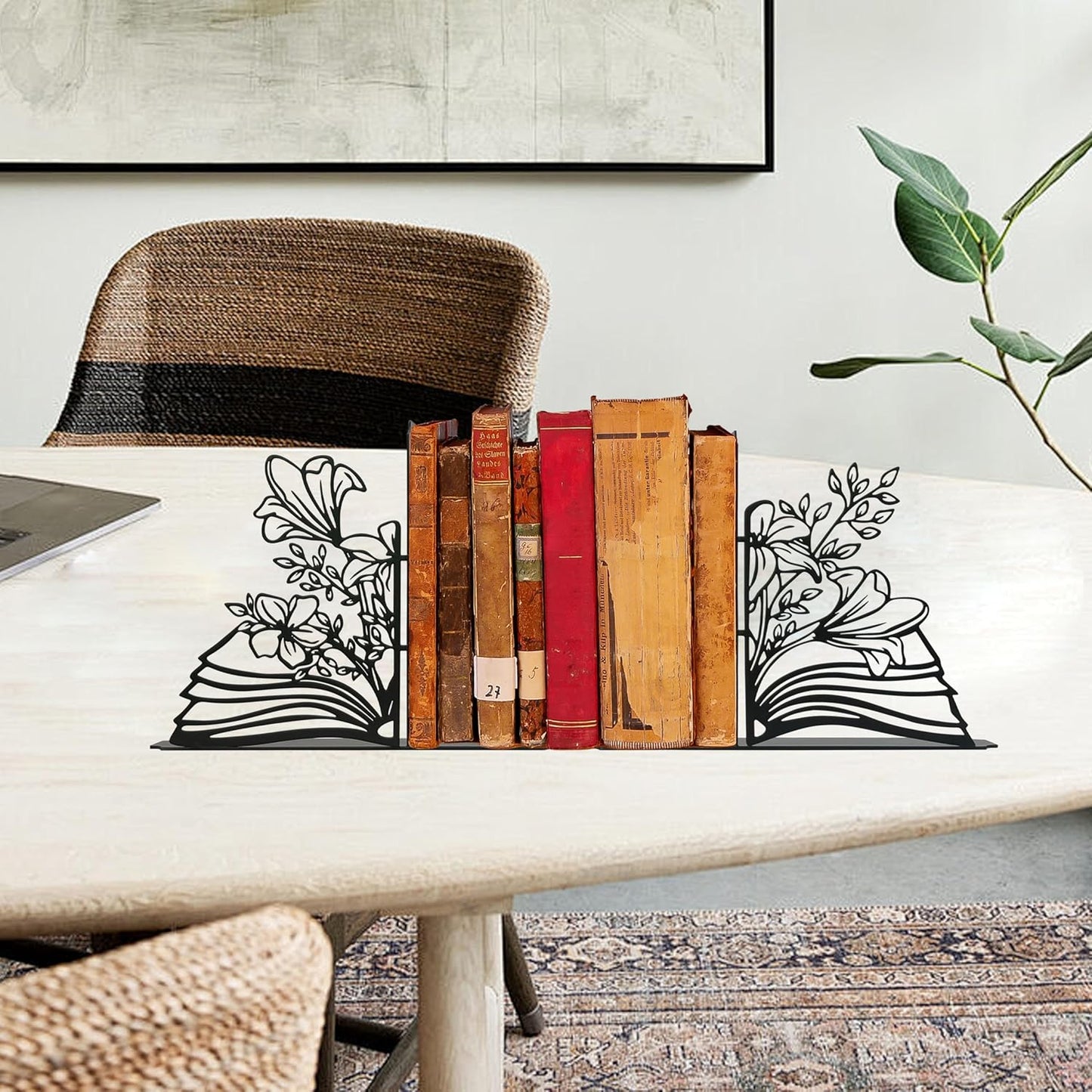Metal Flower & Book Design Decorative Bookends – Cute Bookends for Shelves, Reading Room Decor for Book Lovers
