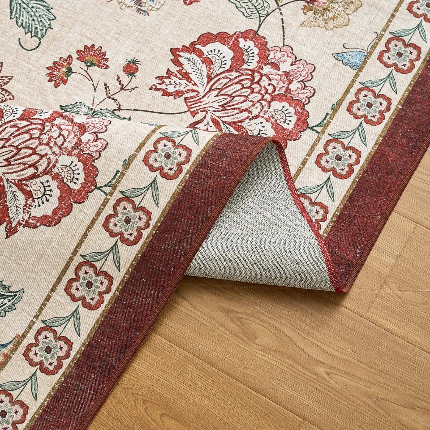 jinchan Elora Floral Corner Rug for Kitchen Washable Nursery Rug Vintage Romance Design Non Slip Quarter Circle Lightweight Low-Pile Throw Carpet for Playroom Reading Nook Office 5ft Radius, Red/Beige