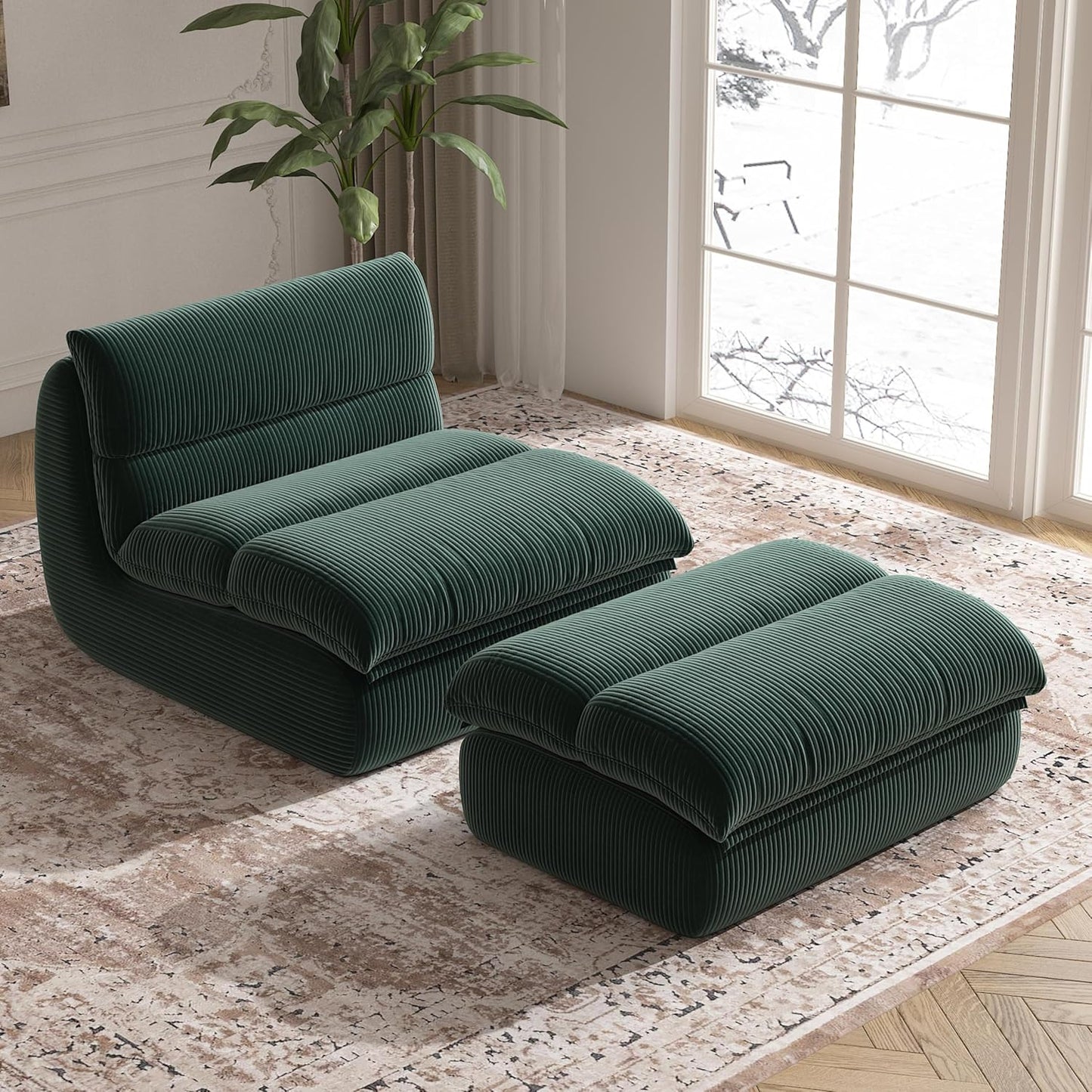 Bean Bag Chair with Ottoman, Cozy Comfy Reading Nook Chairs, Ultra Soft Corduroy Fabric Bean Bag Chairs for Adults, Reading Chair with Ottoman for Living Room, Bedroom Apartment (Green)