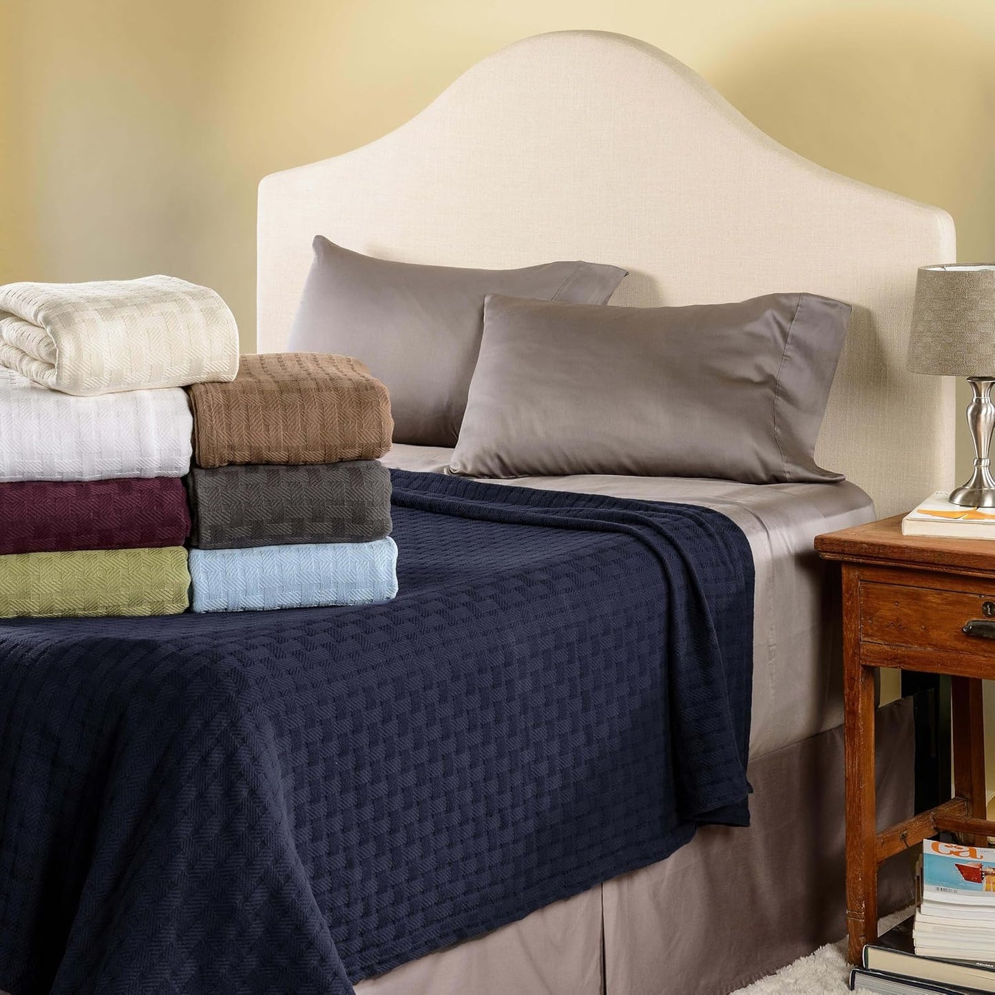 Superior Basketweave Cotton Blanket - Soft & Comfy Medium-Weight Cover for Bed, Bedding, Bedroom, Living Room Couch Throw, Lounging - Modern Boho Woven Design - Throw Size, Khaki