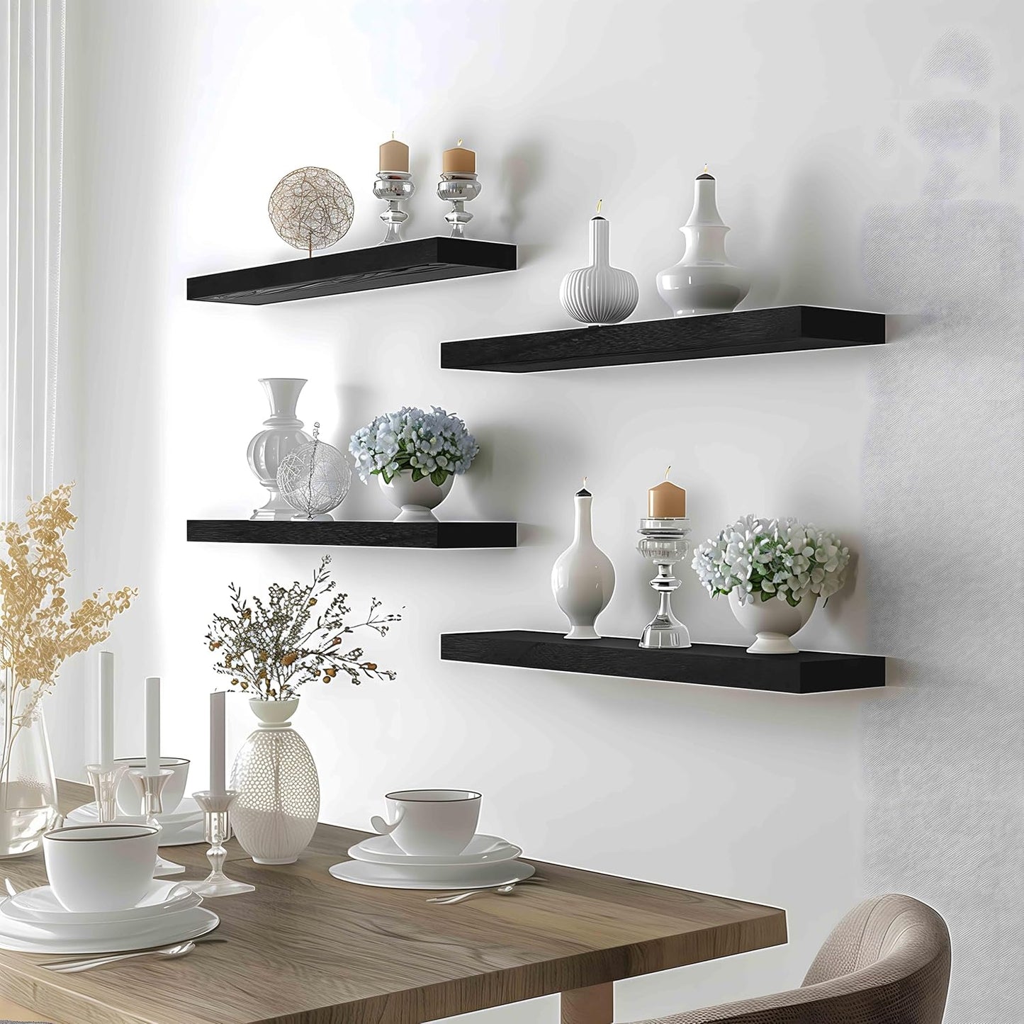 24 Inch Floating Shelves for Wall Rustic Black Wood Wall Shelves for Bedroom Set of 4