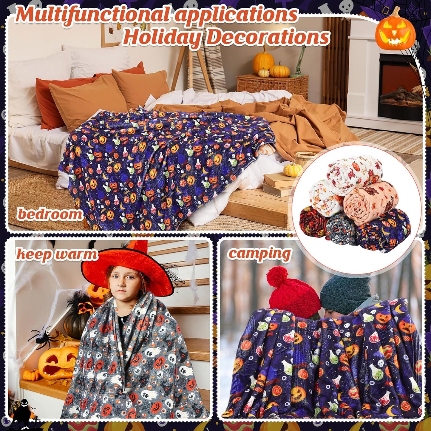 6 Pack Thanksgiving Day Throws Blanket Bulk in Bulk Autumn Thanksgiving Flannel Blanket Fall Pumpkin Turkey Lightweight Throw Soft Warm Fluffy Plush Quilt for Living Couch Dorm, 50 x 60 Inch