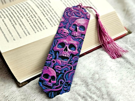 Gothic Skull Bookmark with Pink Tassel, 3D Printed, Purple and Navy Design, Horror Theme Decorative Page Marker
