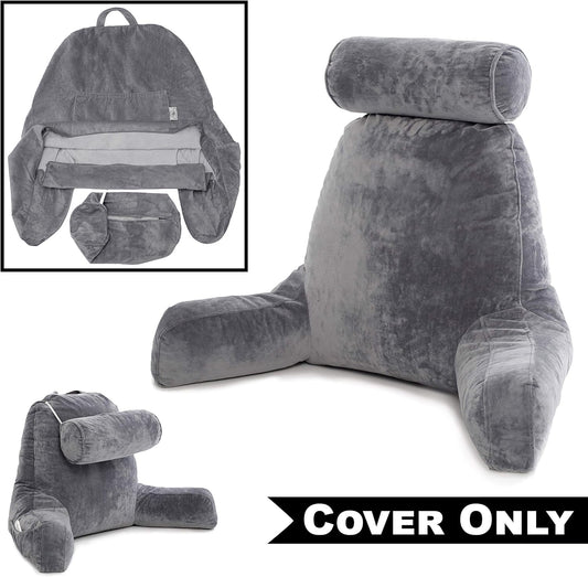 Husband Pillow XXL Cover Only Dark Grey, Cozy Microfiber Bed Rest Pillow Cover with Arms - Array of Colors - Generous Side and Back Pockets for Your Favorite Comfy Reading Pillow