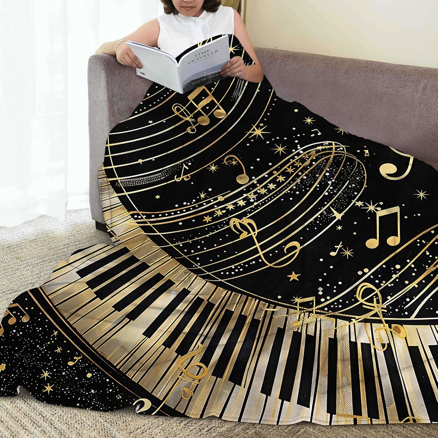 Piano Notes Throw Blanket, Black Gold Blanket Throw for Adults, Lightweight Soft Cozy Blanket for Couch Sofa Bed Room Decor 50x60 Inches