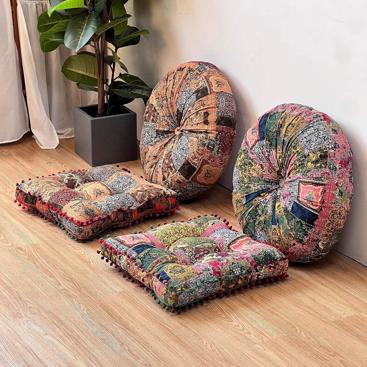 vctops Boho Seat Cushion Chair Pad with Pompoms, Tribal Printed Soft Comforatble Seat Pillow Cushion Cotton Linen Square Chair Cushion for Kitchen Living Room Adults Kids Reading (Pink,16"x16")