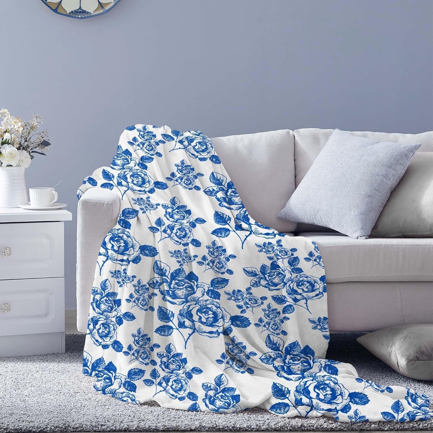 Blue Floral Throw Blanket Blue and White French Country Chinoiserie Flannel Blankets for Couch Bed Living Room Sofa, Decorative Patterned Super Soft Cozy, 50x60 in