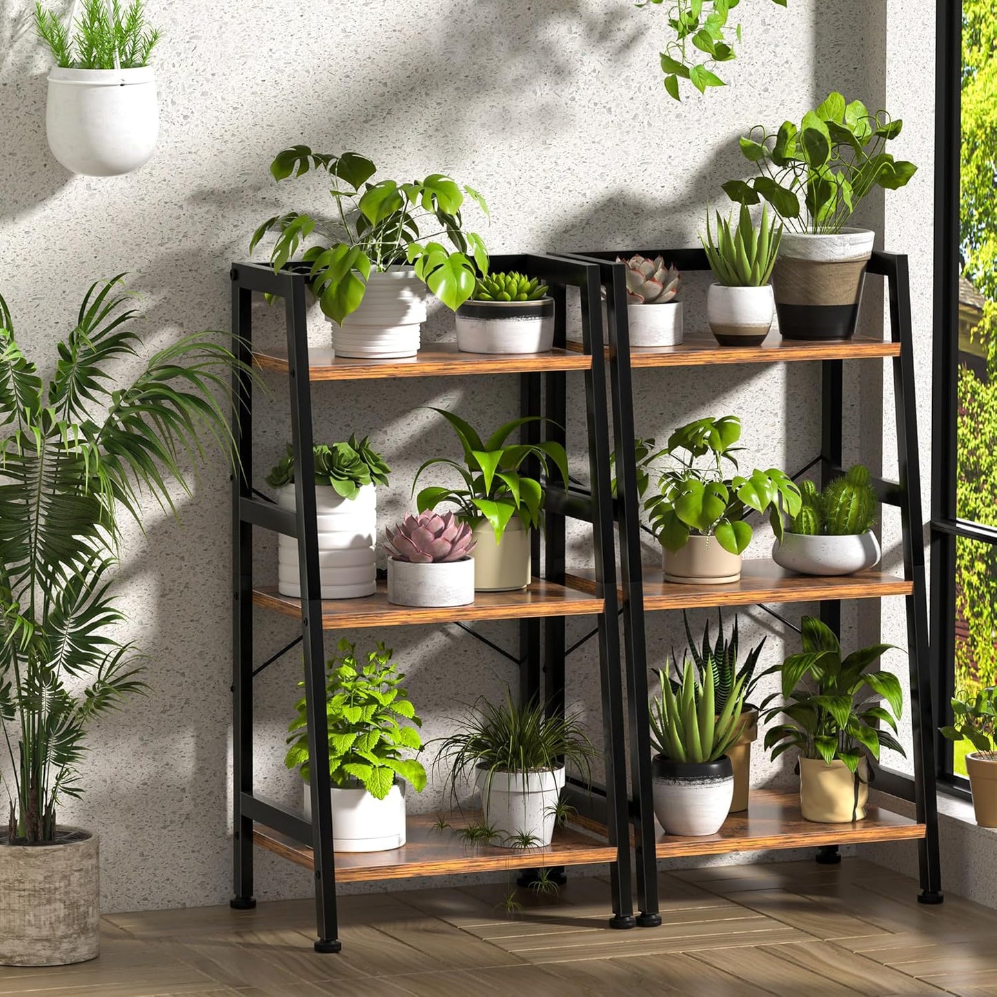3-Tier Bookshelf, Ladder Shelf, Industrial Bookcase with Steel Frame, Metal Small Bookcase, stand up shelves for Living Room, Home Office, Kitchen, Bedroom, Industrial Style(Rustic Brown & Black)