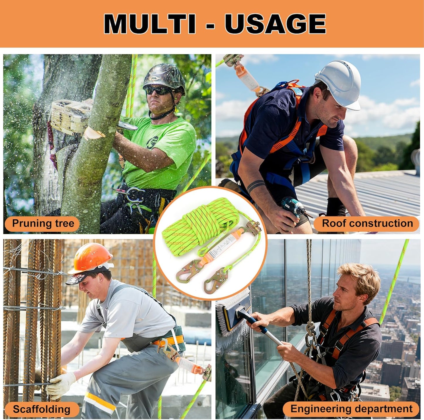 Rope Harness Safety Lanyard 50FT Fall Protection Vertical Roofing Rope with Grab Snap Hooks Shock Absorber Safety Ropes Tree Climbing Line Kit Heavy Duty Roof Safety Equipment